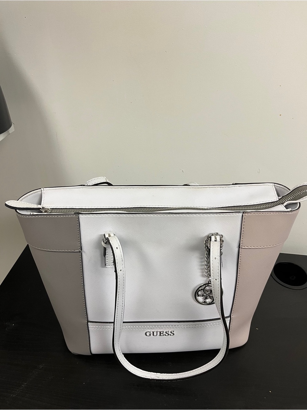 GUESS White and Taupe Two-Tone Tote with Logo Charm